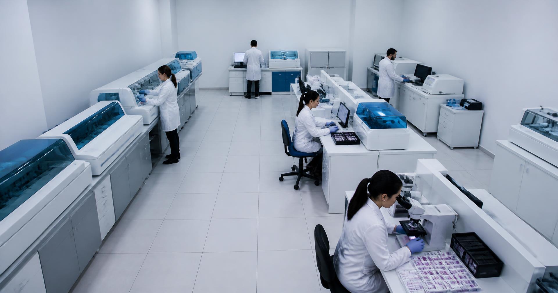 Technicians working at benches inside a pathology laboratory