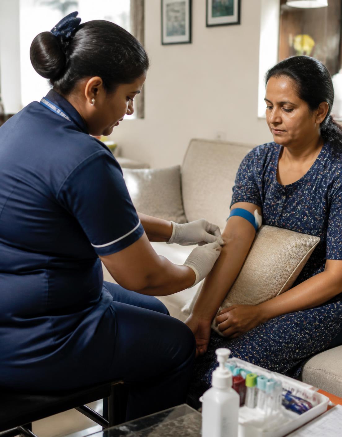 A collection professional visiting a patient at home