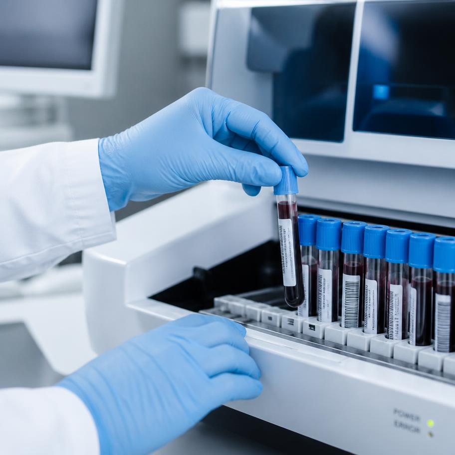 Blood sample tubes being loaded into an analyser